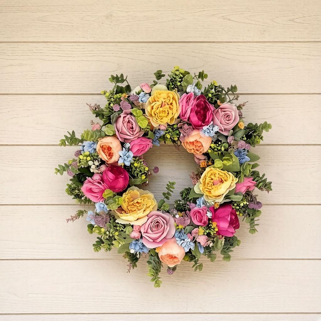 Spring Summer Artificial Flower Wreath, Mixed Rose Peony Dual Door Wreath, Handmade All-Season Wreath, Home Wedding Party Decor
