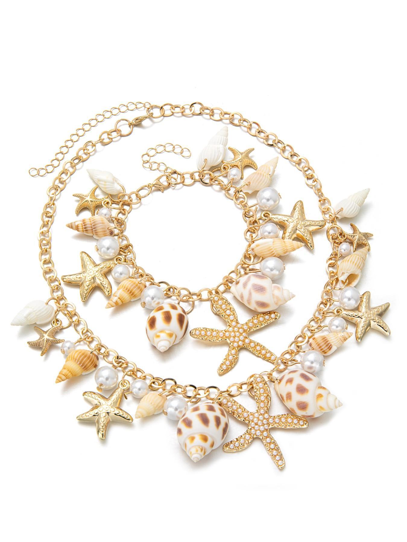 Unisex 2-Piece Ocean Theme Alloy Costume Jewelry Set - Imitation Pearl, Starfish, Shell, Geometric Pattern Necklace & Bracelet for Daily Wear, Gifting
