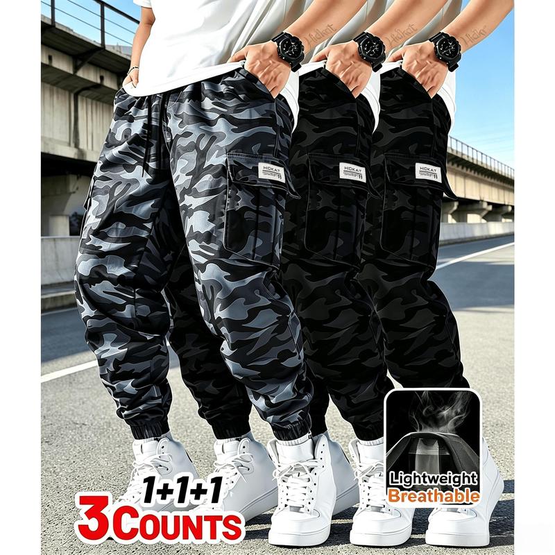 Men's 3PC Slim Fit Cotton Camouflage Tactical Work Pants Black+Gray+Green Lightweight Trousers, Thin Non Elastic, Drawstring Waist with Loops & Pocket, Breathable Machine Washable Menswear for Hiking, Daily Casual Use