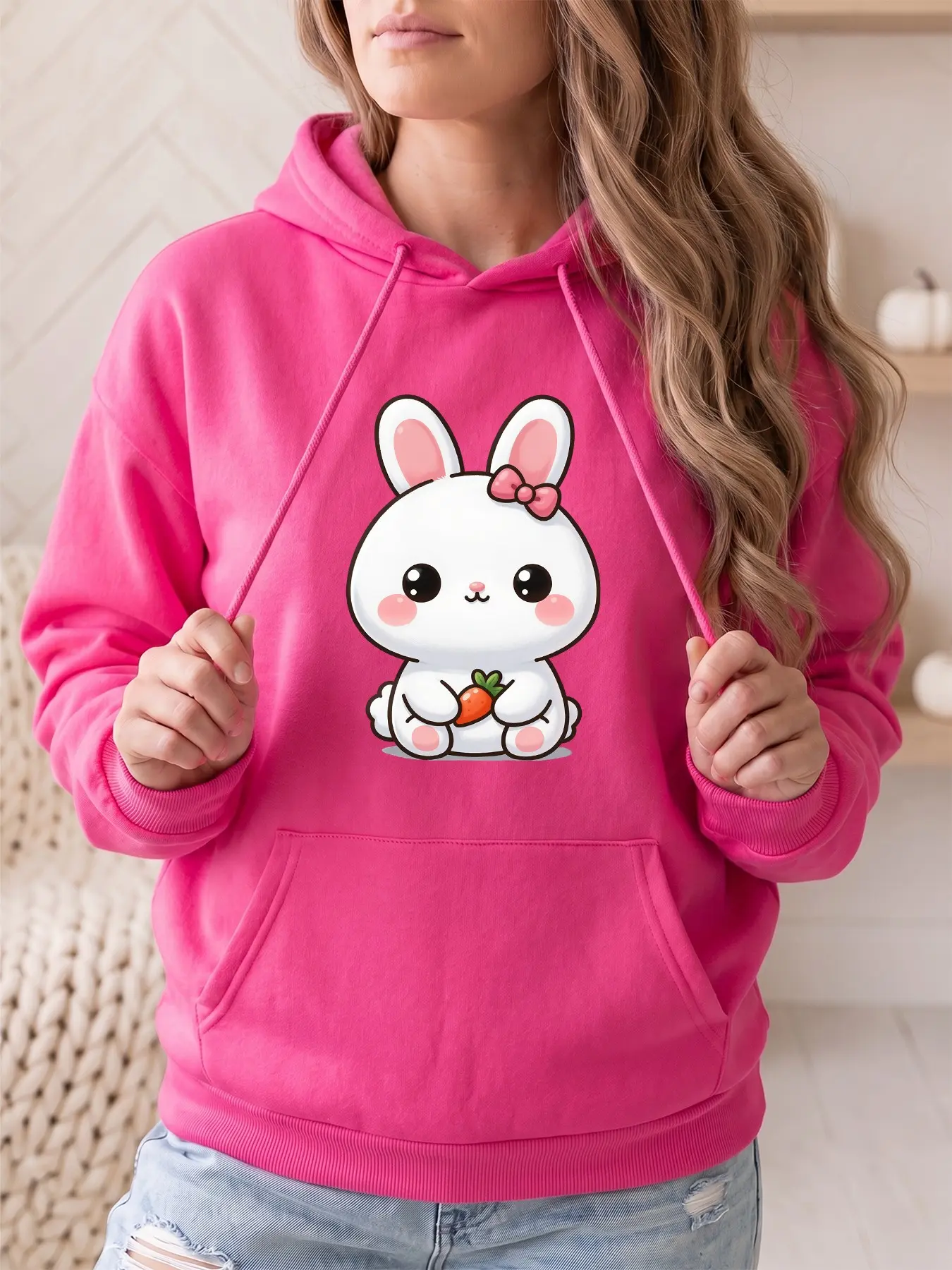 Women's fashionable hooded sweatshirt with cute cartoon rabbit pattern on the front. Drawstring kangaroo pocket. Fall and winter casual sportswear sweatshirt. Suitable for casual parties and sports activities.