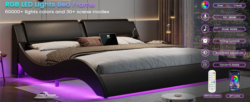 Sikaic  Wave Like Curve LED Lighting Bed Frame with Charging Ports and Headboard Black Furniture Home Modern Design Luxury Futuristic Interior Remote Control Technological