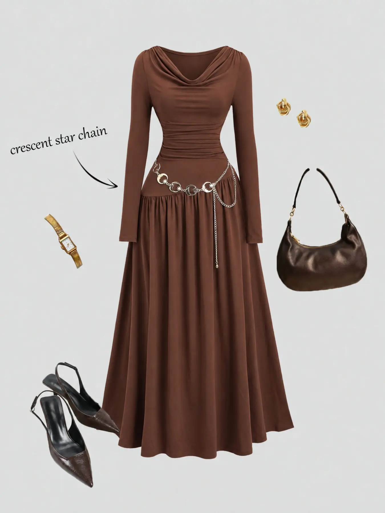 Women's Elegant Chic Fall Winter Dress, Long Sleeve Midi Dress with Ruched Waist, A-Line Long Dress, Plain Style, All Seasons