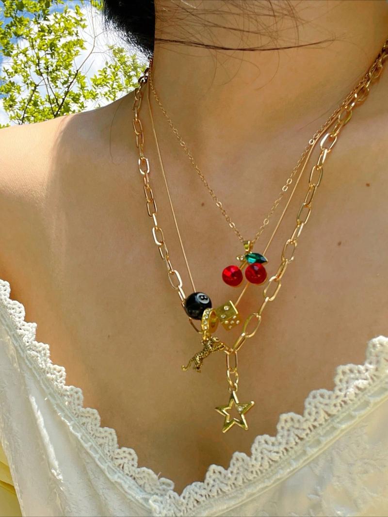 Women's Retro Star Cherry Pendant Necklace Set, Trendy Multi-Layered Design for Daily Wear & Parties, Perfect Gift for Her, Layered Necklaces
