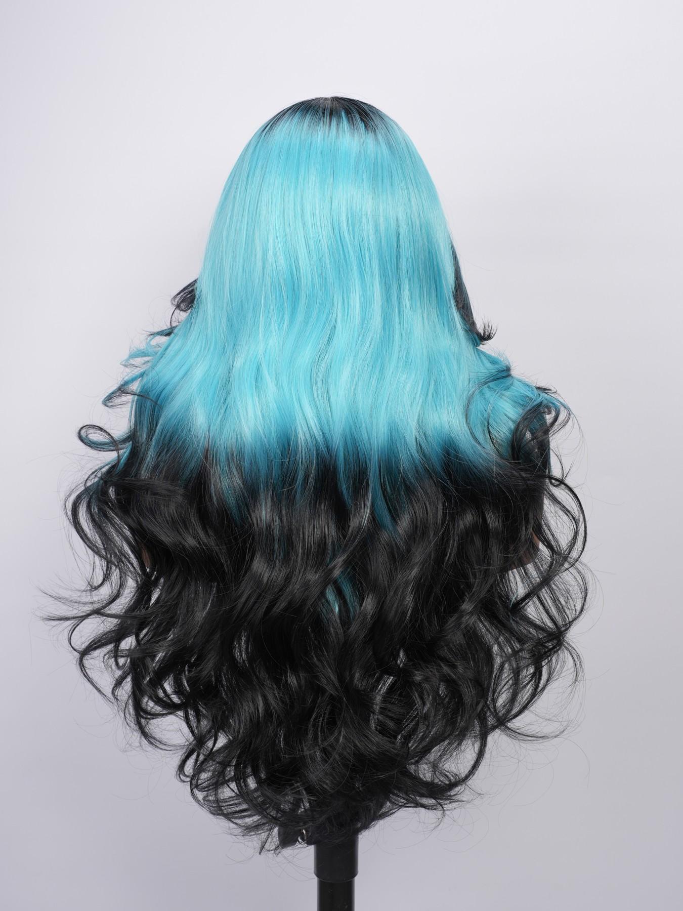 Voluminous Layered Design T-part Wig, Long Body Wave Black To Light Blue Ombre Wig, Fashion Synthetic Hair Wig For Y2K Lovers & Drag Queens, Fit Daily Wear, Themed Party, Cosplay Shooting