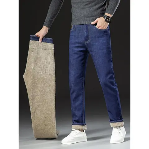 Men's Loose-Fitting Denim-Look Thermal Fleece-Lined Cotton Straight Leg Jeans - Full Length, Heavyweight, Cold Winter Casual Menswear Bottoms