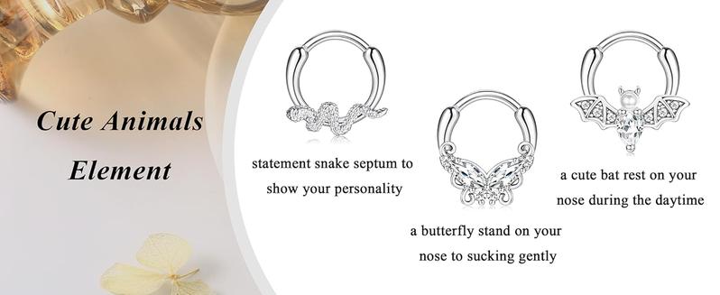 FASACCO 16G Cute Snake Butterfly Septum Ring Septum Piercing Jewelry for Multiple Piercings Hypoallergenic Septum Rings for Daith Earrings