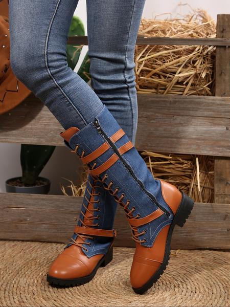 Women's Long Motorcycle Boots, Western Style Round Toe Thick Sole, Durable Comfortable Design, Perfect for Casual Wear