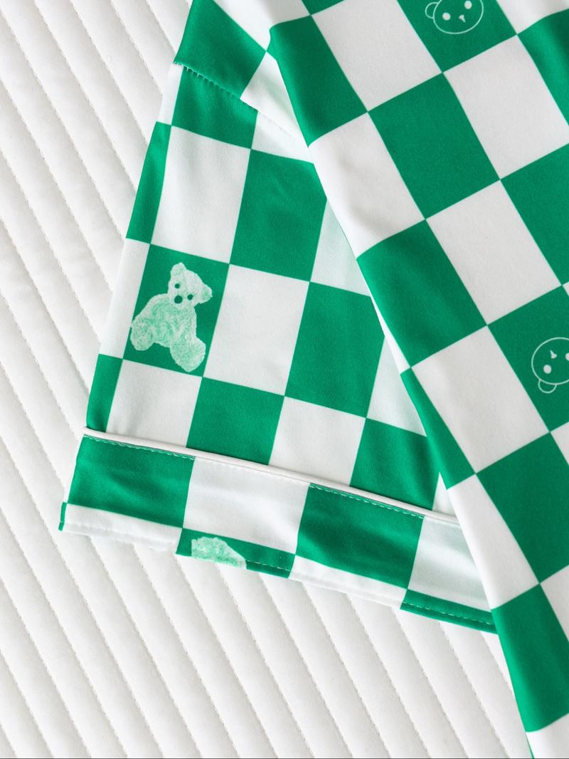 Women's Checkerboard Print Lapel Neck Pajama, Casual Comfy Short Sleeve Button Front Chest Pocket Design Top & Elastic Waist Shorts PJ Set, Ladies Summer Sleepwear Loungewear