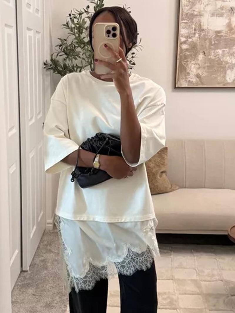 Women's Lace Patchwork Dress, Oversized Fit, Asymmetric Lace Hem, Half Sleeve, Casual Street Style, Spring & Fall Fashion