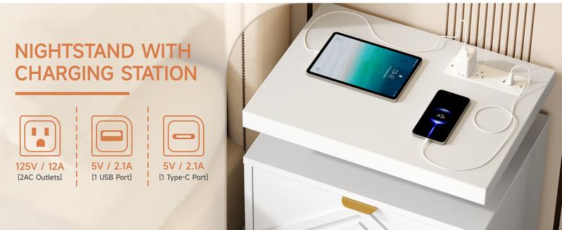 【Valentine's Day gift】ONBRILL White Nightstand with Charging Station and LED Lights, Smart Night Stand, Modern Bedside Table with Drawers, RGB Lights, Power Outlets, USB and Type-C Ports, End Side Table for Bedroom Office