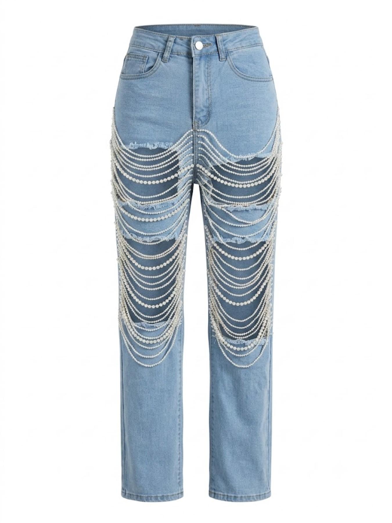 Women's Ripped Straight Leg Jeans, Pearl Chain Embellished Cutout Denim Jeans, Aesthetic, Perfect for Daily Wear and Party