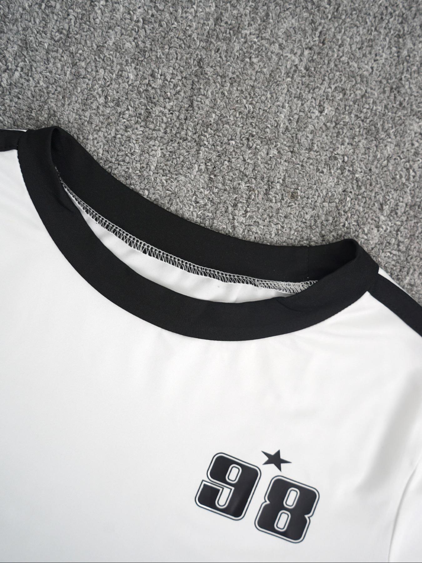 Hot-girl Style Contrast Binding Short Top and Letter Tape Wide Leg Pants, Women's Black & White Two-piece Set Hot-girl Style Contrast Binding Short Top and Letter Tape Wide Leg Pants, Women's Black & White Two-piece Set