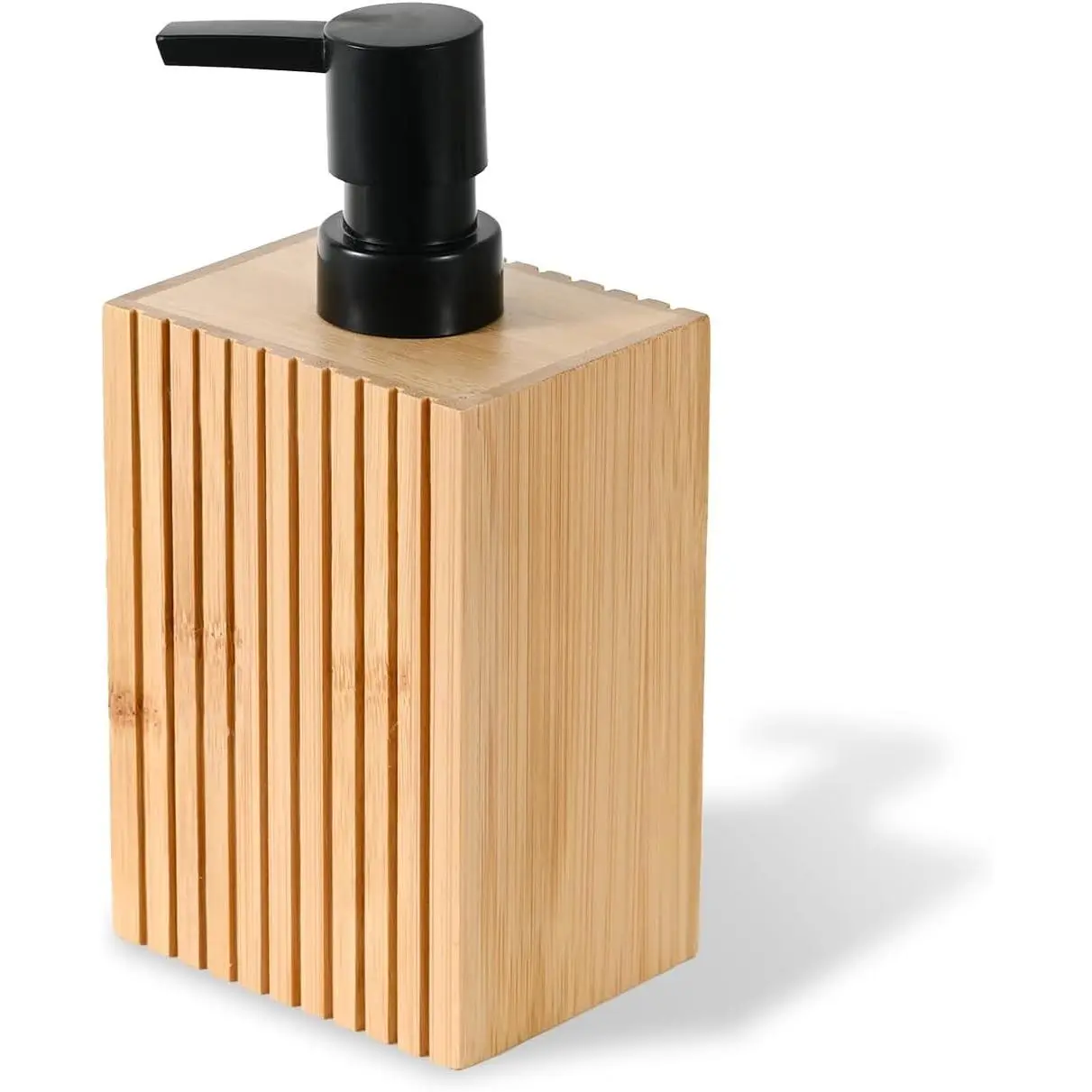 Natural Fluted Bamboo Liquid Soap Dispenser, 10 oz Rectangular Ribbed Refillable Pump for Bathroom or Kitchen Countertop Decor, Natural