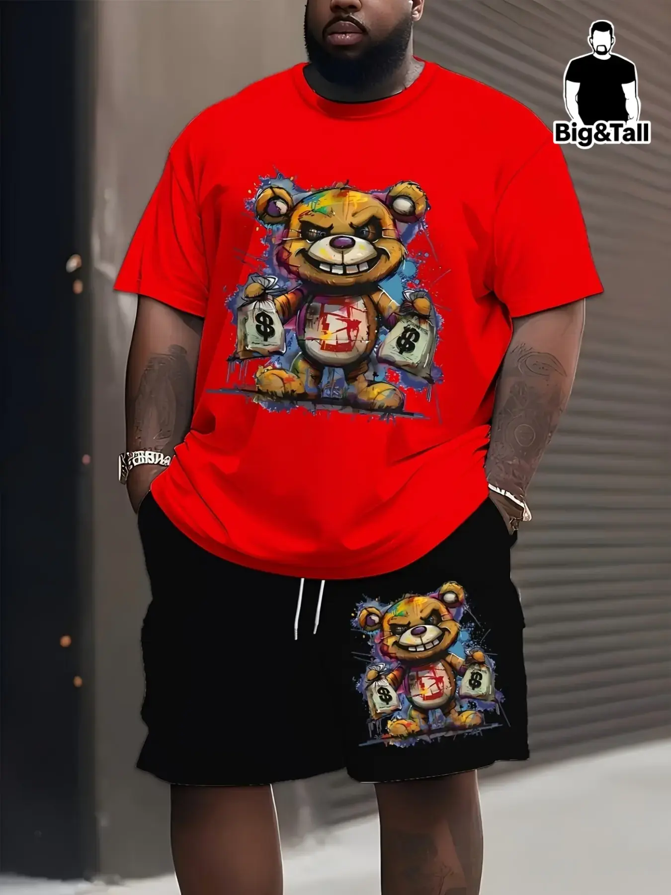 2-Piece Men's Bear Pattern Print Set, Summer Casual Loose-Fit Streetwear Outfit, Outdoor Gym Shorts & Tee, Comfortable Knee-Length
