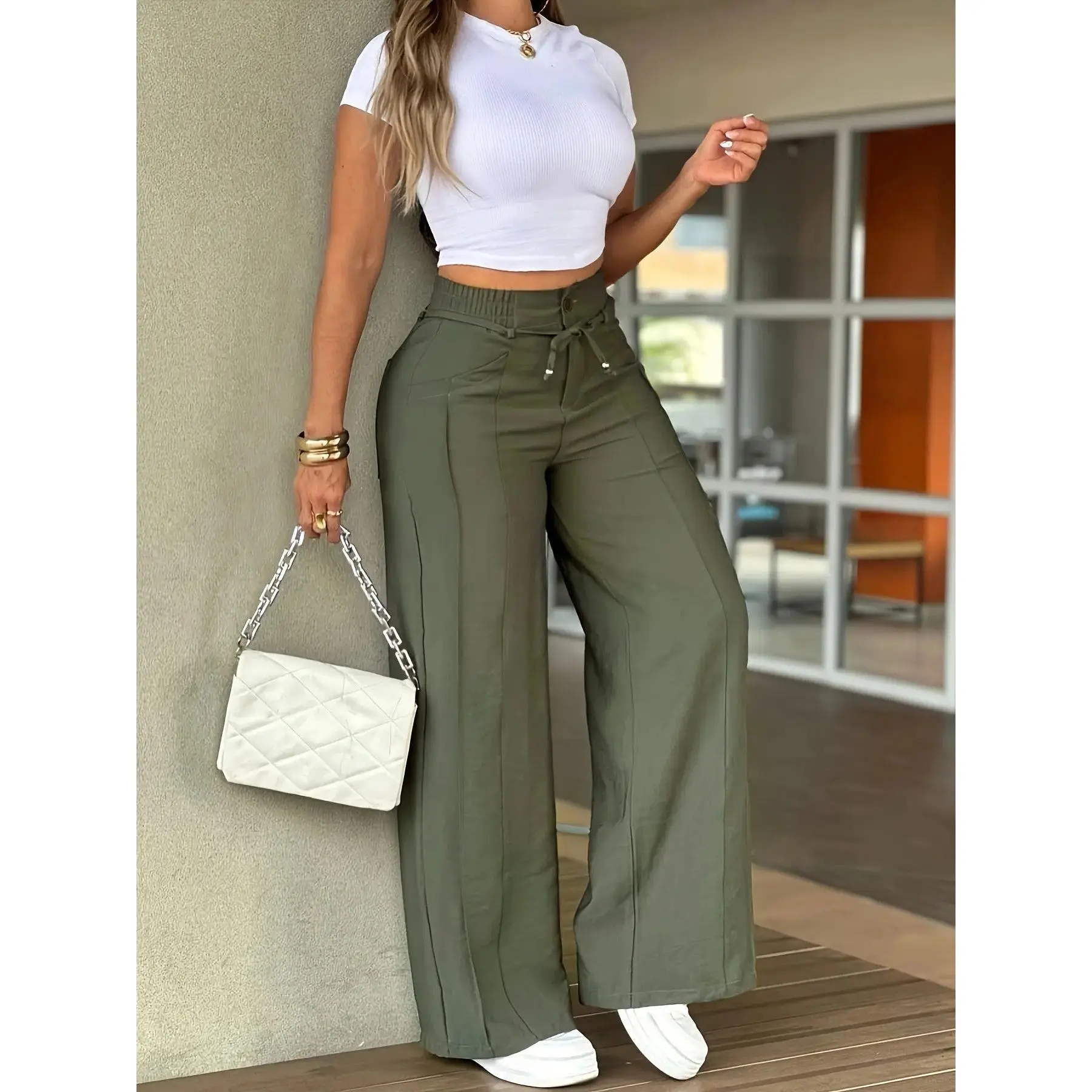 Women’s Wide Leg Dress Pants, High Rise Elastic Waist Trousers with Seam Detail, Casual Work and Dating Outfit