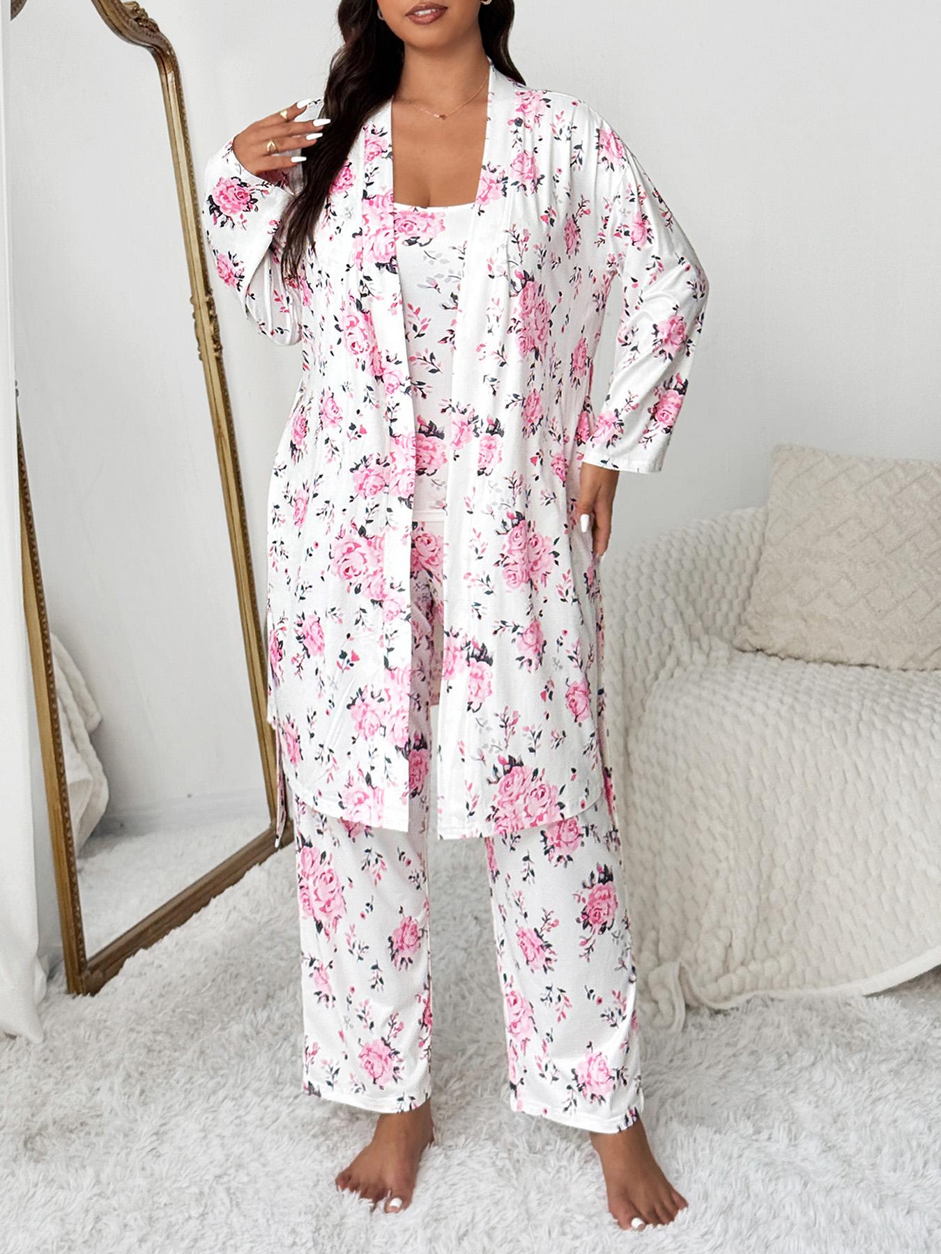 Plus Size Floral Print Robe Set for Women, Fashion Sleepwear, Elegant Comfortable Sleepwear, Sleeveless Top & Long Pants, Spring & Fall Home Wear