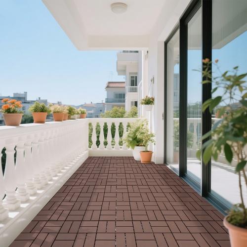 Plastic interlocking decking tiles, 44 packs of terrace decking tiles, 12“ x 12” waterproof for all-weather use, backyard pool decking tiles, Brown