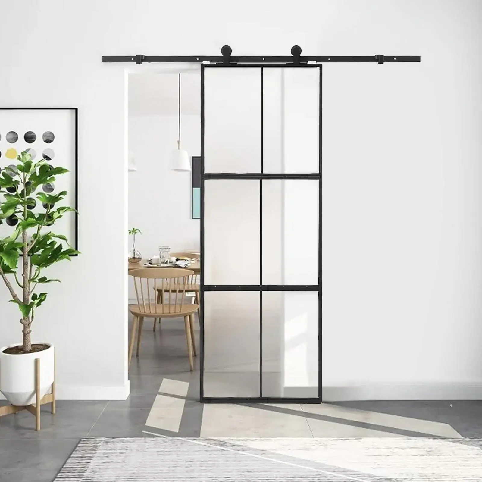 Glass Barn Door-Include Soft Close Mechanism, Metal Frame Tempered Frosted Glass Sliding Door, 3-Window Design, Easy Assembly