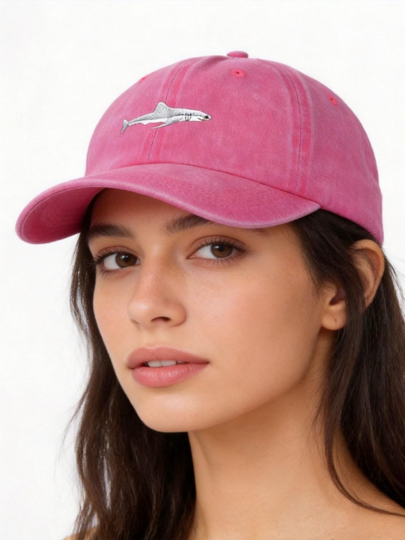 1PC Women's Embroidered Shark Washed Baseball Cap, Adjustable Sun Protection Hat, Casual Loose-Fit Y2K Style for Travel & Beach