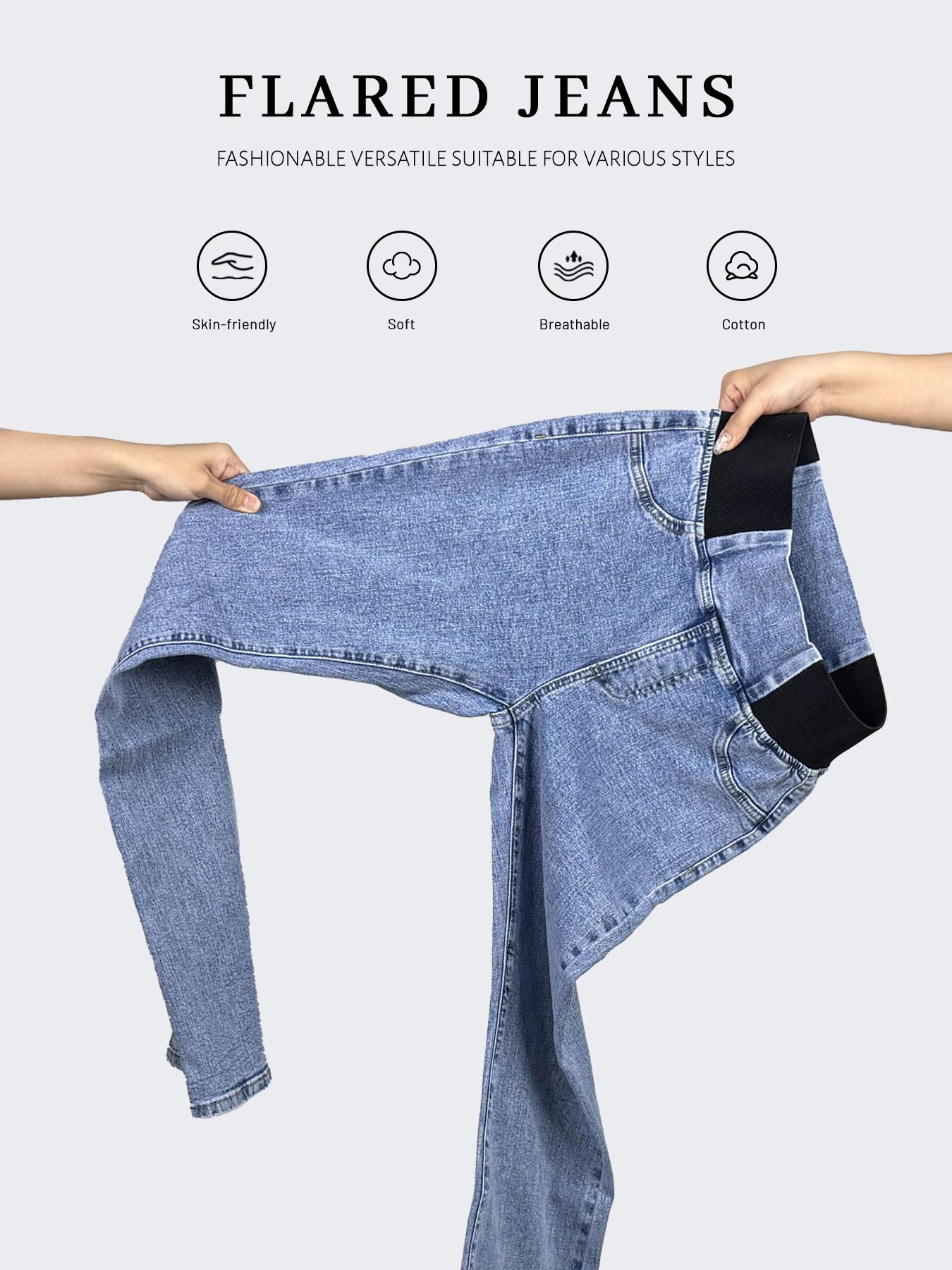 GILIPUR Y2K 2026 Women's Back Shirred Jeans, Pants, Mid-High Waist Elastic Waist Flared Jeans, With Pockets, Light Blue Washing Process, Waist-Cinching Design, Yes Denim, Bootcut Jeans, T-Chic