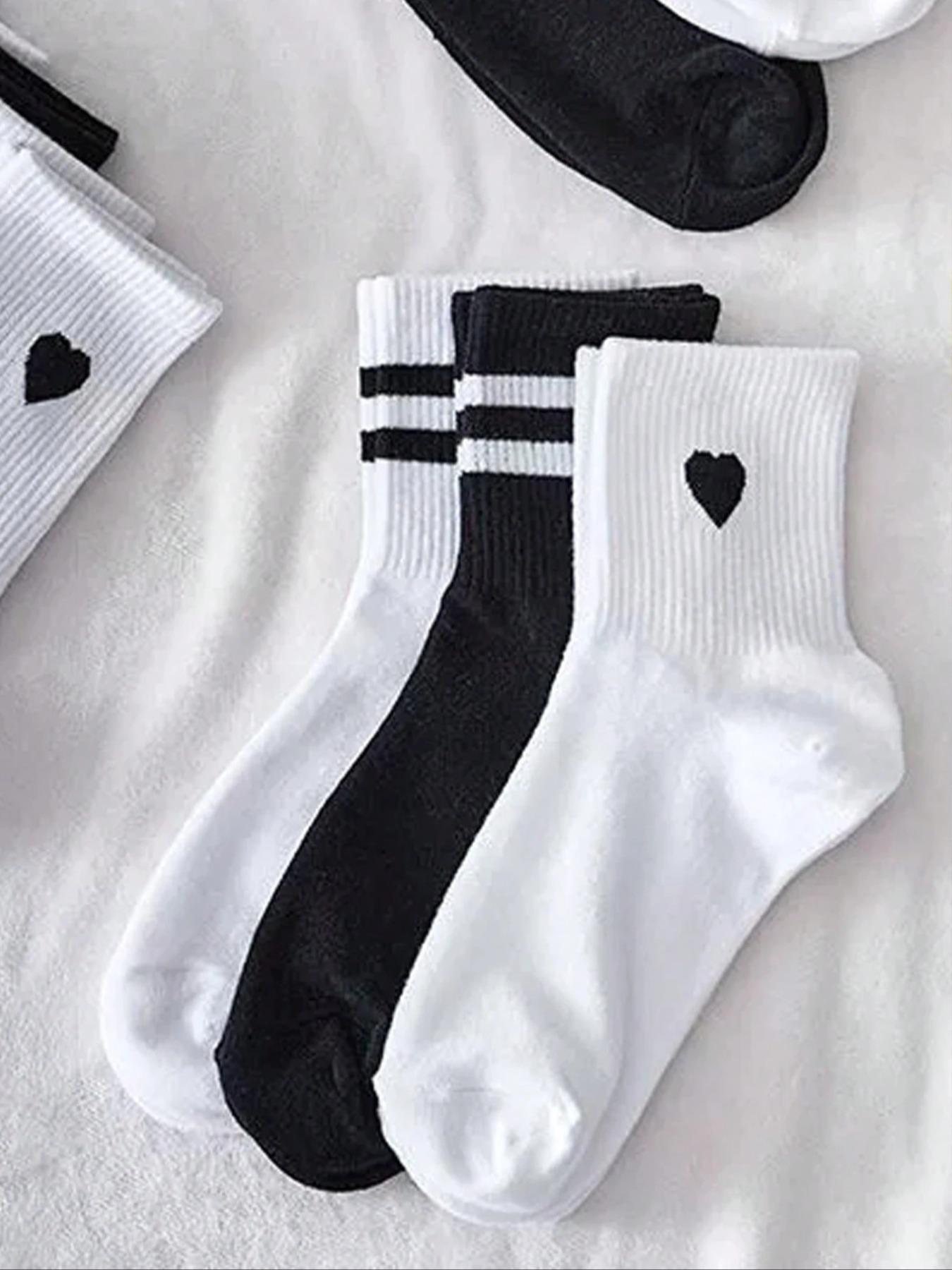 Women's Mid-Calf Socks, Striped Solid Color Heart Print Everyday Casual Sports Socks, Teenage College Style Long Socks, Comfortable Soft, All Seasons, Fit, Socks For Everyday Wear, Cozy Socks