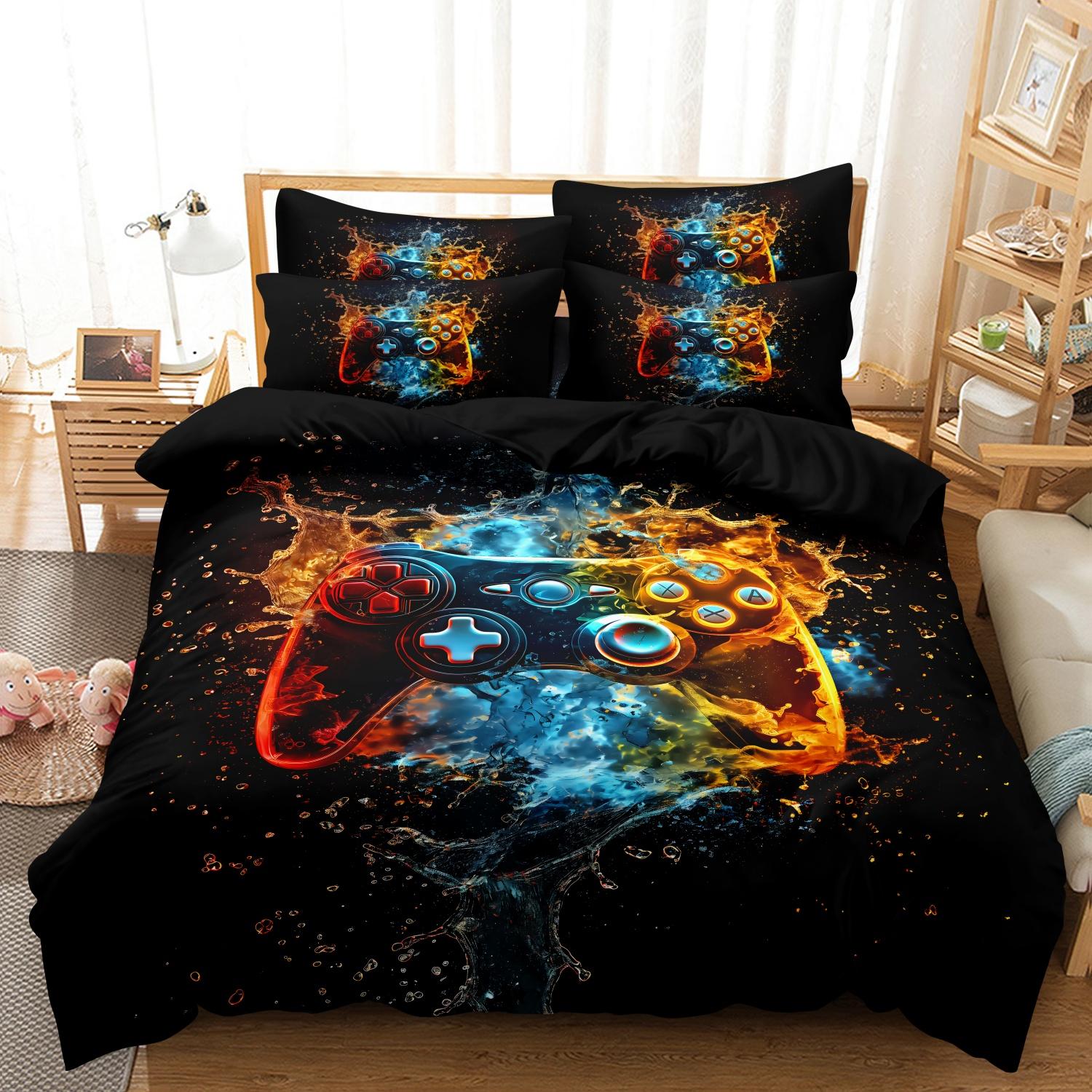 Video Game Controller Mouse Keyboard Headphone Pattern - Modern Fashionable Cool Gamepad Print - Boys Youth Gaming Equipment Bedding Set - 3pcs Duvet Cover Set (1Duvet cover+2Pillowcase ，No quilt)