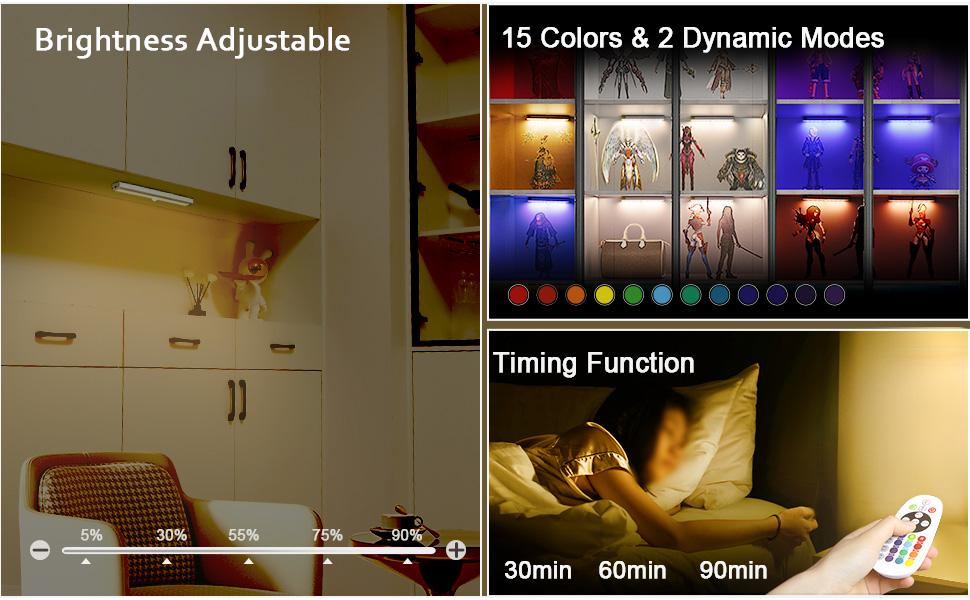 Under Cabinet Lights, Wireless Rechargeable LED RGB Under Counter Lights Bar 3 Packs 48 LED 15 Color Temps Dimmable with Remote Shelf Kitchen Closet Bedroom Lights