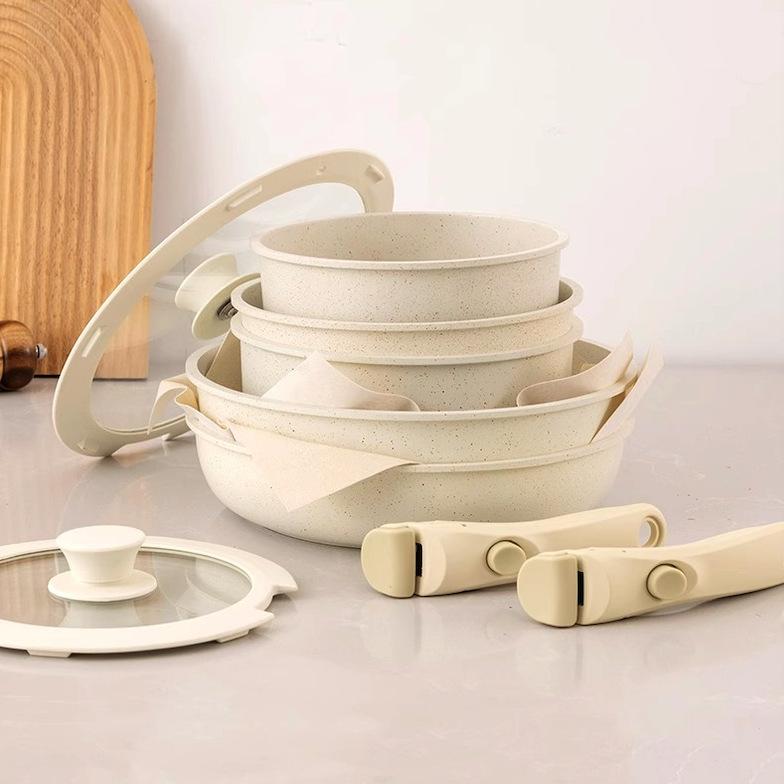 4pcs Detachable Nonstick Cookware Set with Steamer Frying Pan Wok and Separable Handles for Home Kitchen