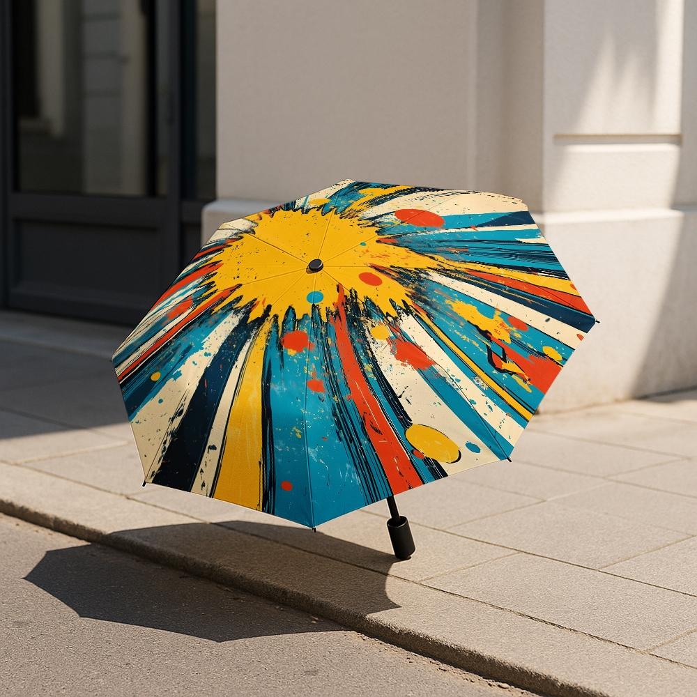 Comic Explosion Wind Resistant Foldable Automatic Umbrella Vintage Splatter Bold Colors, Functional Photo Prop, Portable 8 Ribs, Great Gift for Christmas & Valentine's Day
