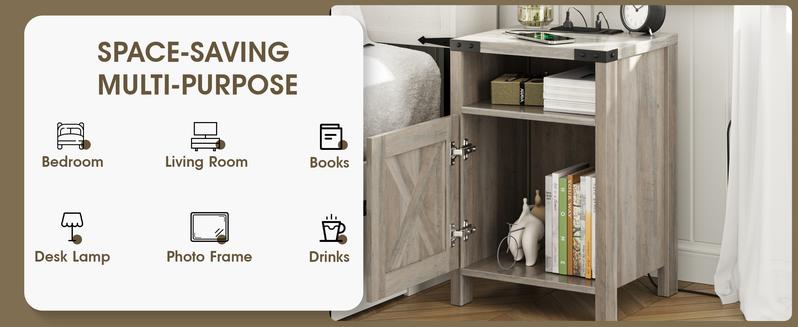 Vabches Nightstands Set of 2, Farmhouse End Tables with Charging Station, Bedside Tables with Barn Door and Shelf, Rustic Living Room Bedroom Side Table