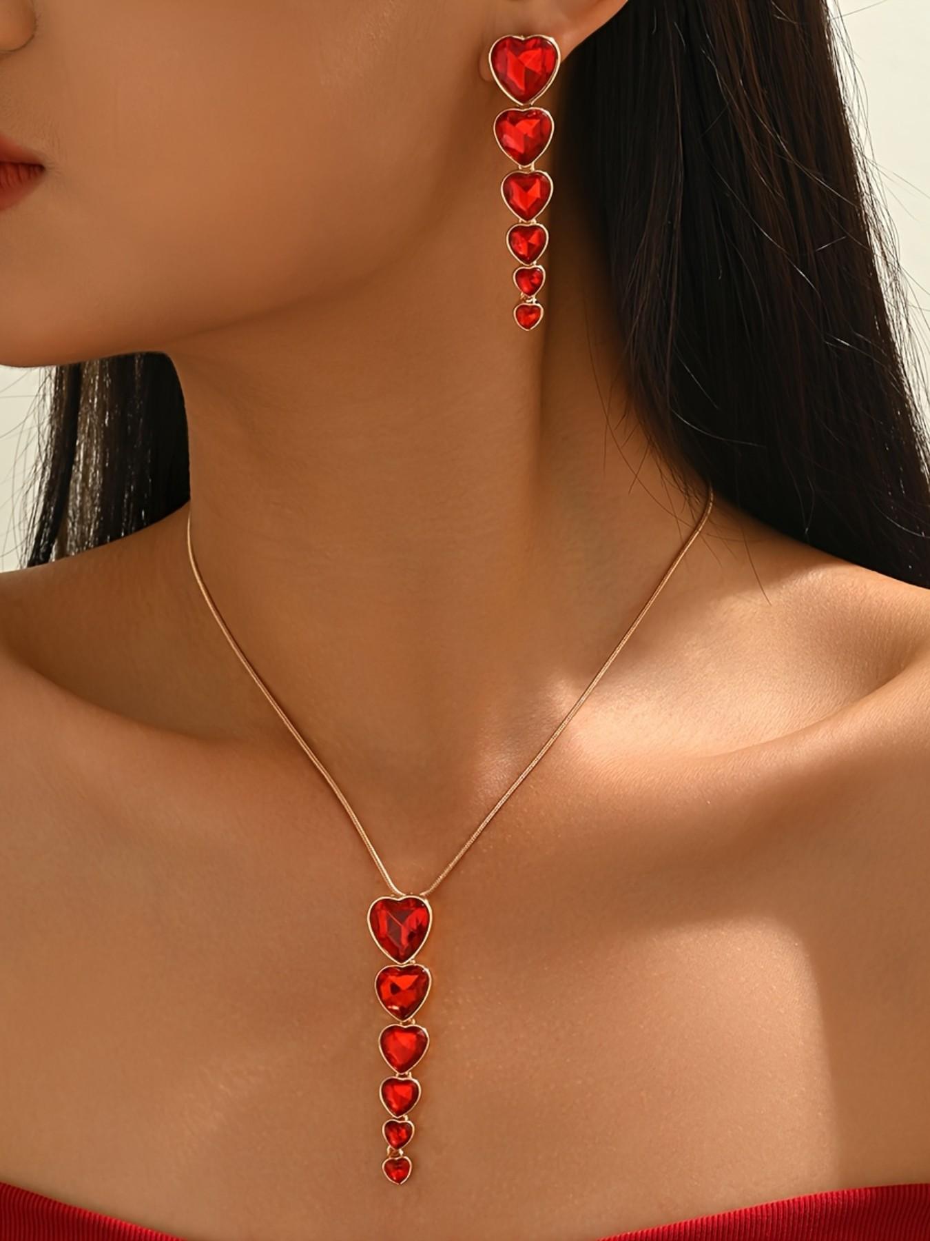 Heart Shape Gradient Long Pendant Necklace Earrings Set, Fashionable and Sexy Jewelry for Women, Perfect Gift for Valentine's Day