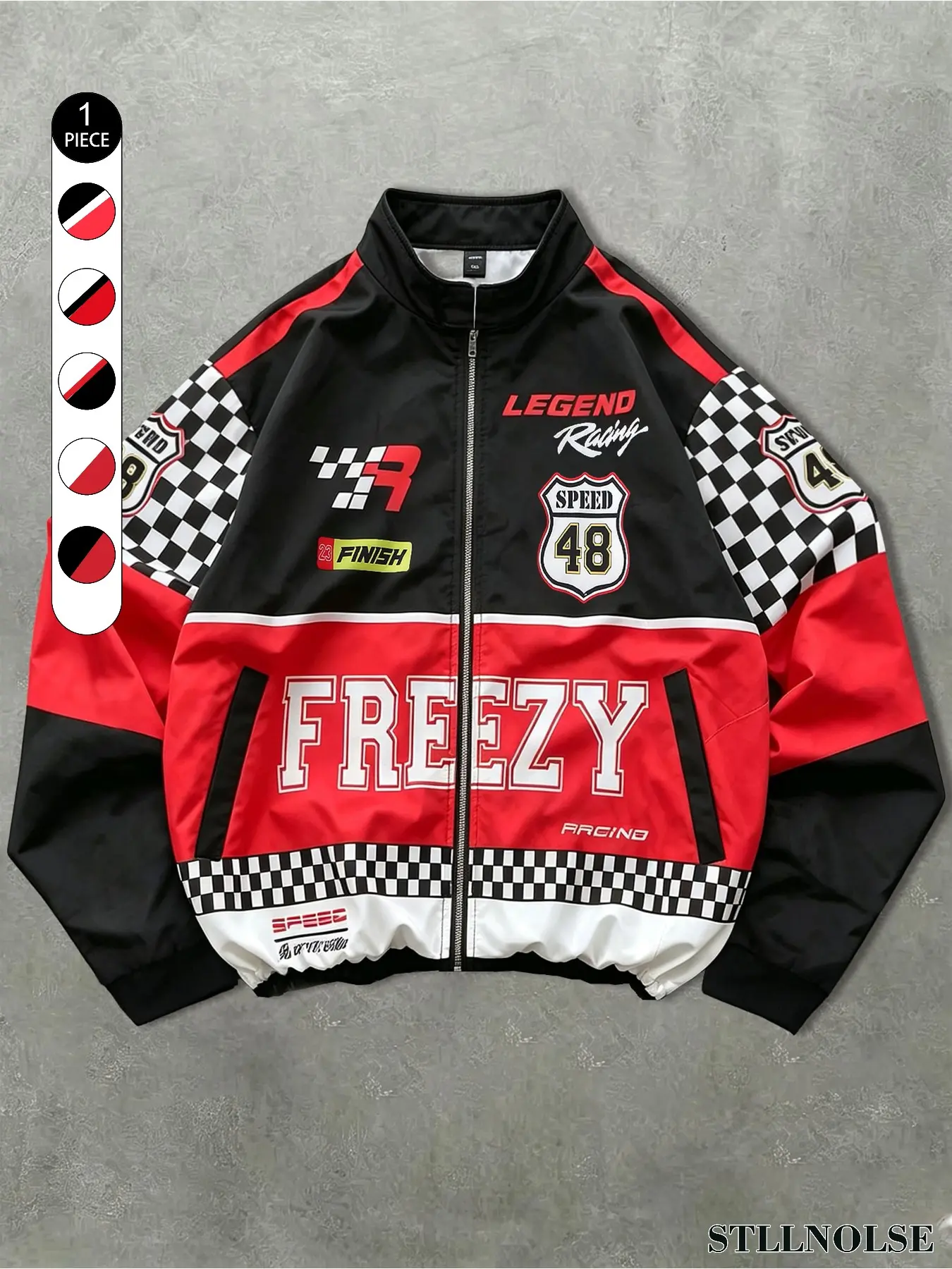 Men's Motorsport Jacket, Full Zip Racing Bomber with Speed 48 Graphic, Checkerboard Sleeves and Stand Collar