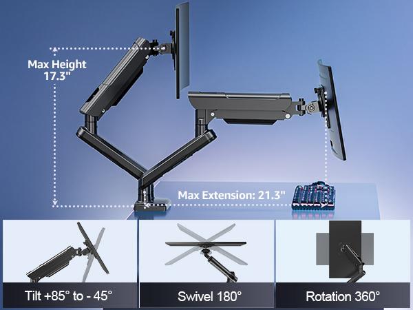 MOUNTUP 13"-32" Single & Dual Monitor Arm for Desk, Adjustable Gas Spring Double Monitor Mount Holds 4.4-17.6 lbs, MU8013B/MU8014B