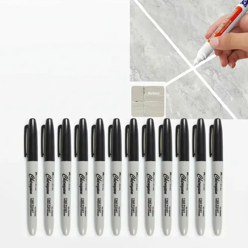 Tile Marker Grout Pen and Black Marker Pen Bundle, 1 White Tile Repair Pen with 12 Black Fine Tip Permanent Markers, Plastic Liquid Ink for Home, Office, and School Use