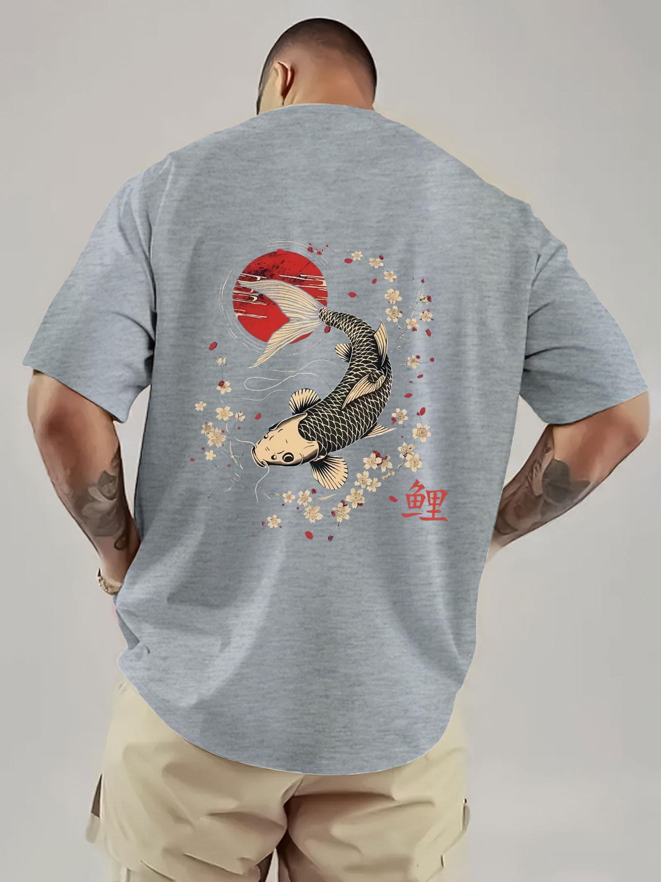 Japanese Koi and Cherry Blossom Print Men's T-Shirt, Breathable Heavyweight Short Sleeve, Streetwear for Music Festivals and Daily Wear