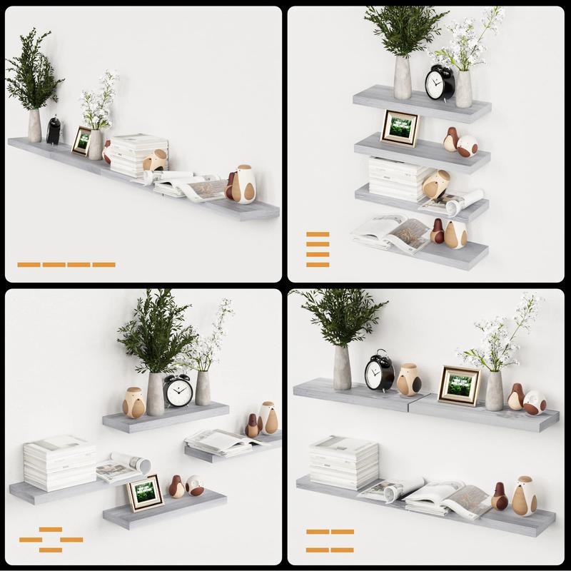 Modern Wall Shelves 4 Sets Floating Shelves with Invisible Brackets Display Shelves for Bedroom Bathroom Kitchen Living Room Decor Wooden Bookshelf Storage 5.7D x 15.72W x 1.22H