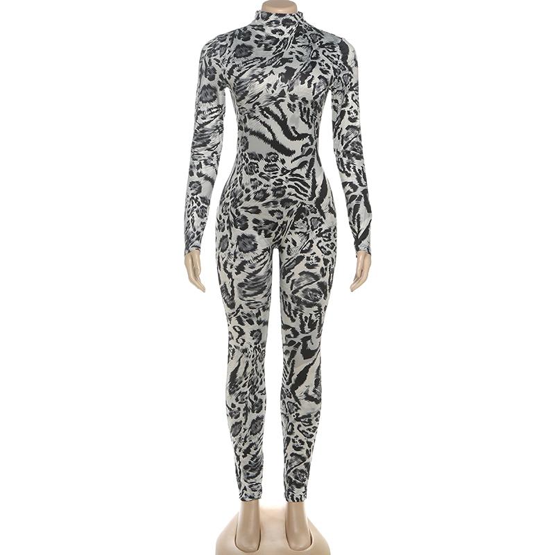 DOUCIU Trendy Personality Street Hip-Hop Versatile Casual Tight Sexy Hot Cool Women'S Thin Printed Long-Sleeved Jumpsuit Party Costume