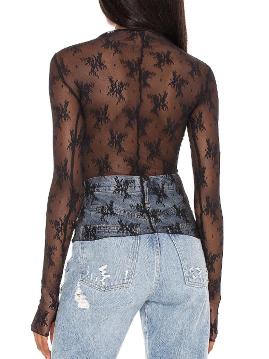 Women's Floral Layering Lace Tops With Thumb Hole, Mesh See Through Slim Shirt All Seasons, Micro Elasticity Long Sleeve Mock Neck Sxy Style