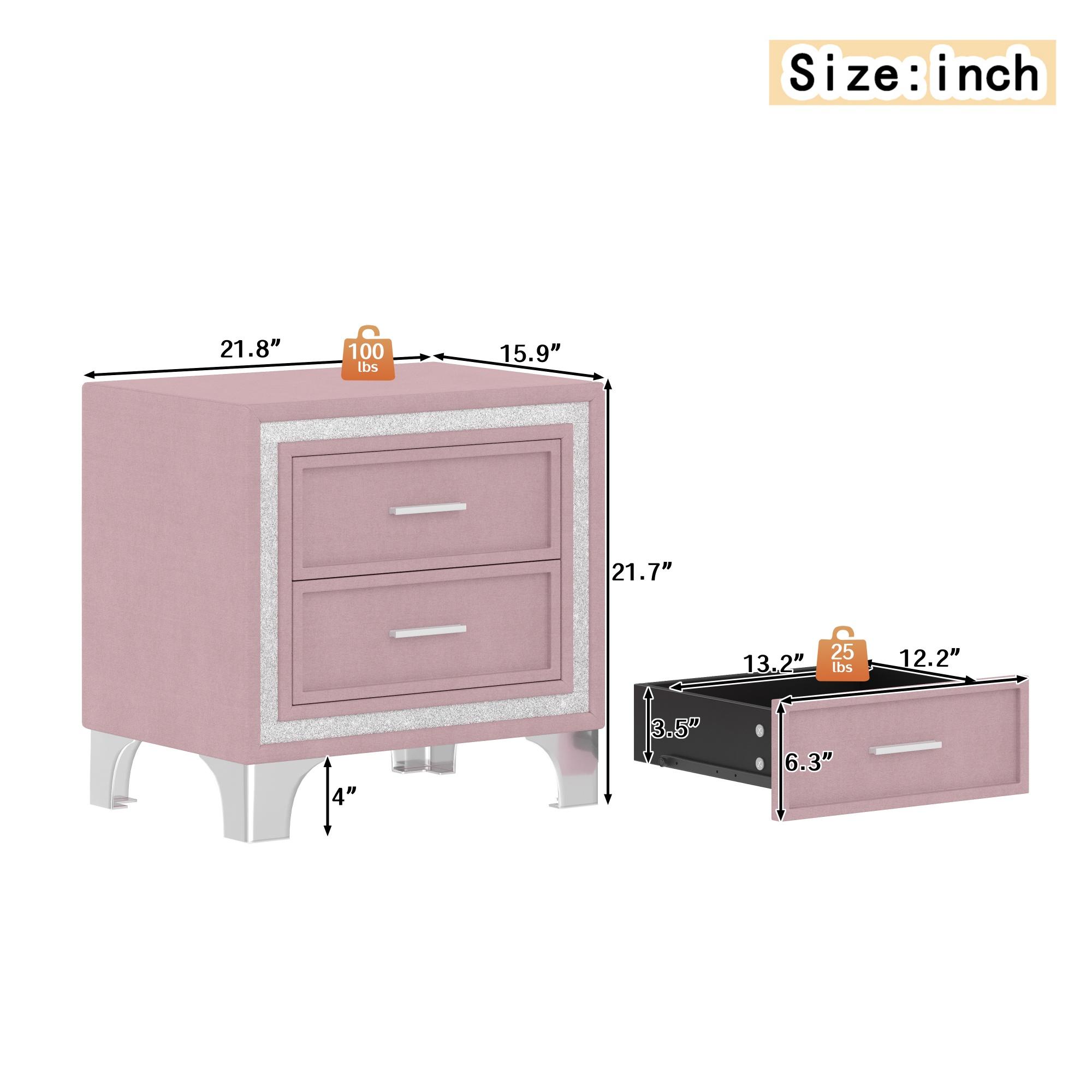 2-Drawer Nightstand with Silver Glitter Strip Decor and Metal Legs, Vintage Upholstered Nightstand, Velvet Bedside Table for Bedroom (Pink)