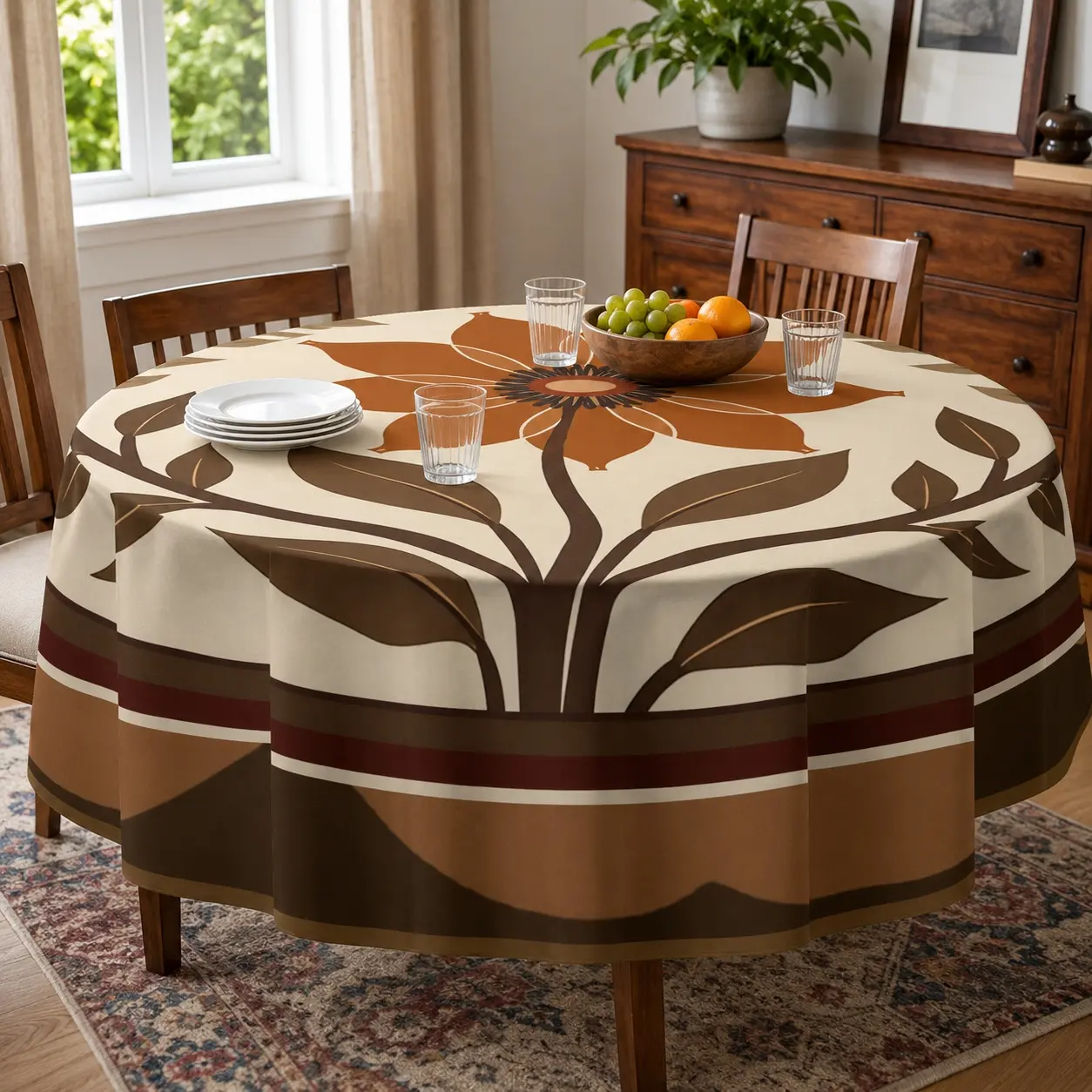 Round Elegant Tablecloth - 2D Flat Graphic Print, Rustic Floral Beige Brown White Leaf Pattern, Durable, Easy to Clean, Machine-Made, Ideal for Party Dining, Room Decor