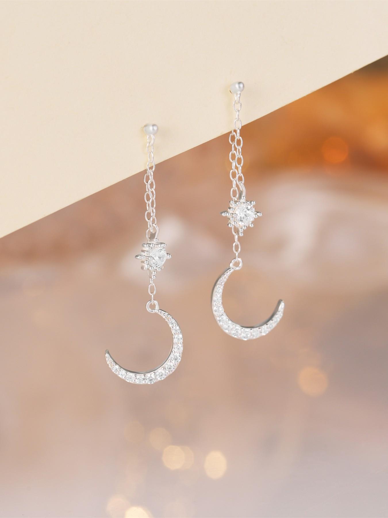 1Pair 925 Sterling Silver Classic Stars And Moon Cubic Zirconia Stud Earrings Hypoallergenic Cartilage Helix Tragus Lobe Piercing Jewelry Suitable For Women For Daily, Dates, Vacation, Wedding, Party, Holiday Gift