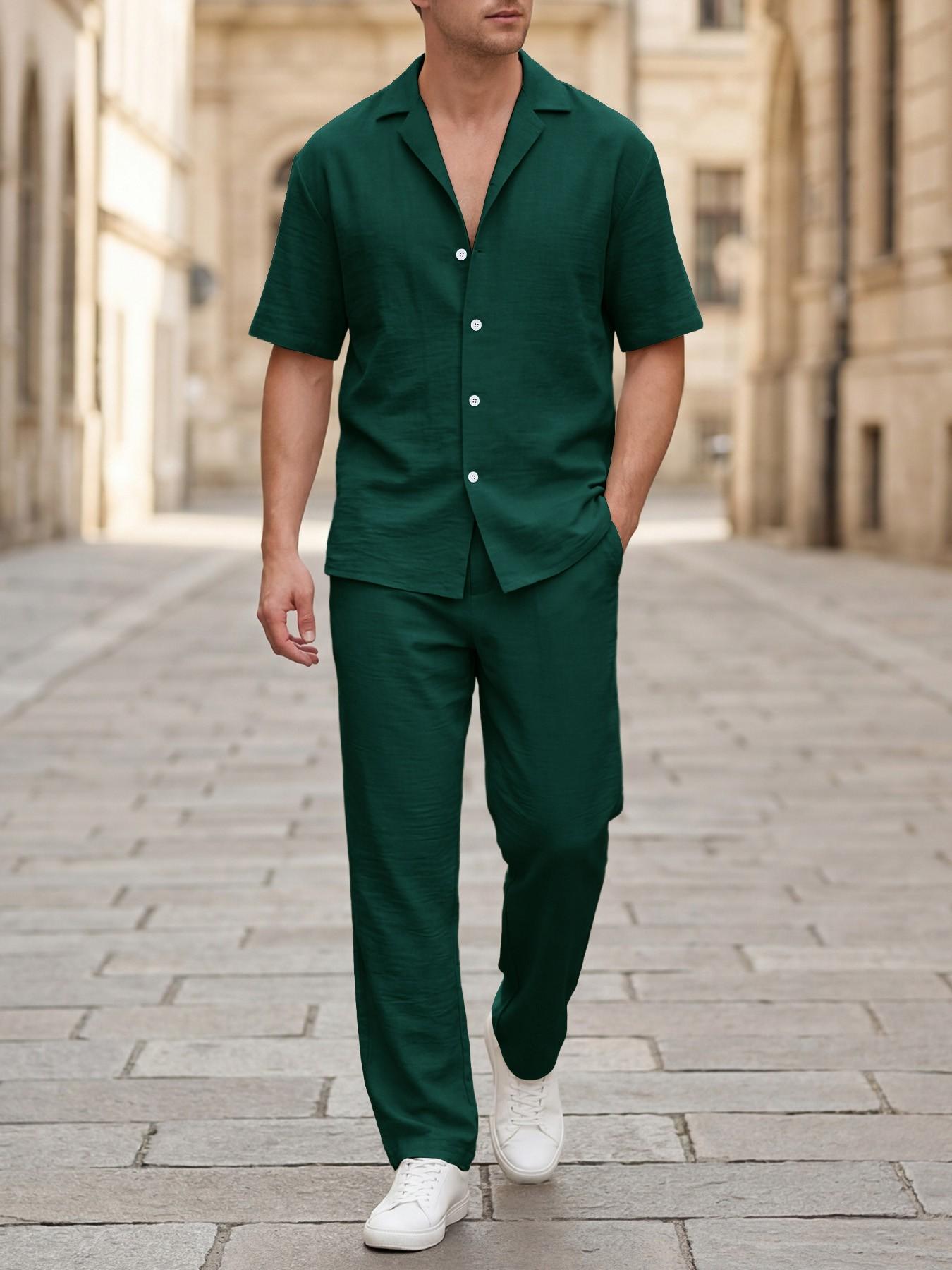 Two-Piece Set Men's Solid Color Button Shirt & Drawstring Waist Pants, Loose Stylish Casual Outdoor Short Sleeve Top & Trousers, Summer Outfits for Men