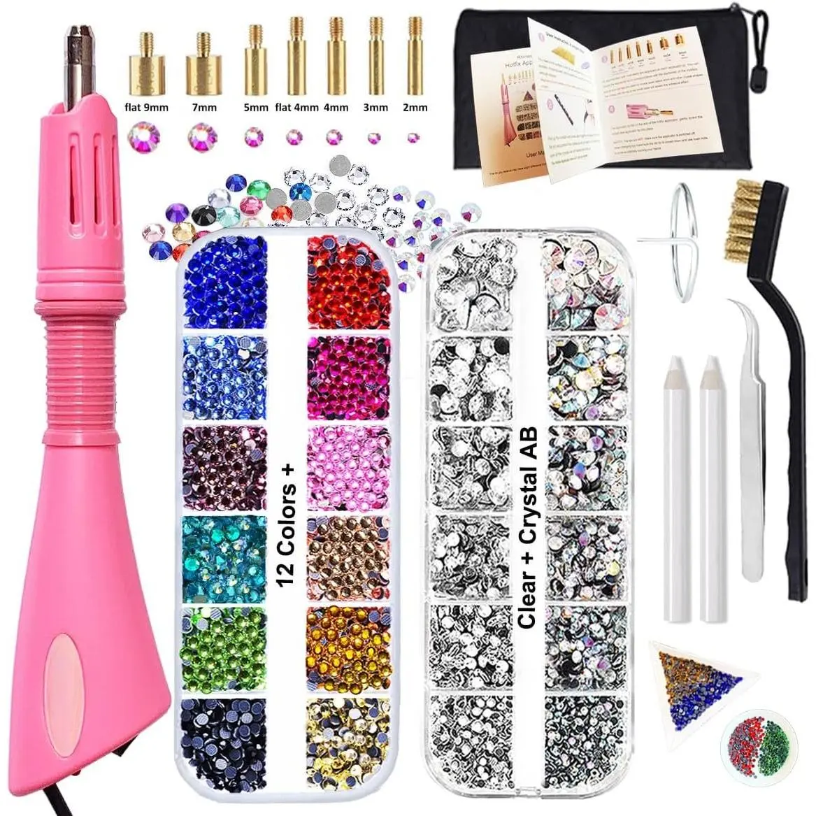 Hotfix Applicator, DIY Hot Fix Rhinestone Setter, Hot Fixed Wand Kit, 4536 count, AB, Clear, 12 Colors,  , Brush, Trays, Bag, Bedazzler Kit with Rhinestones