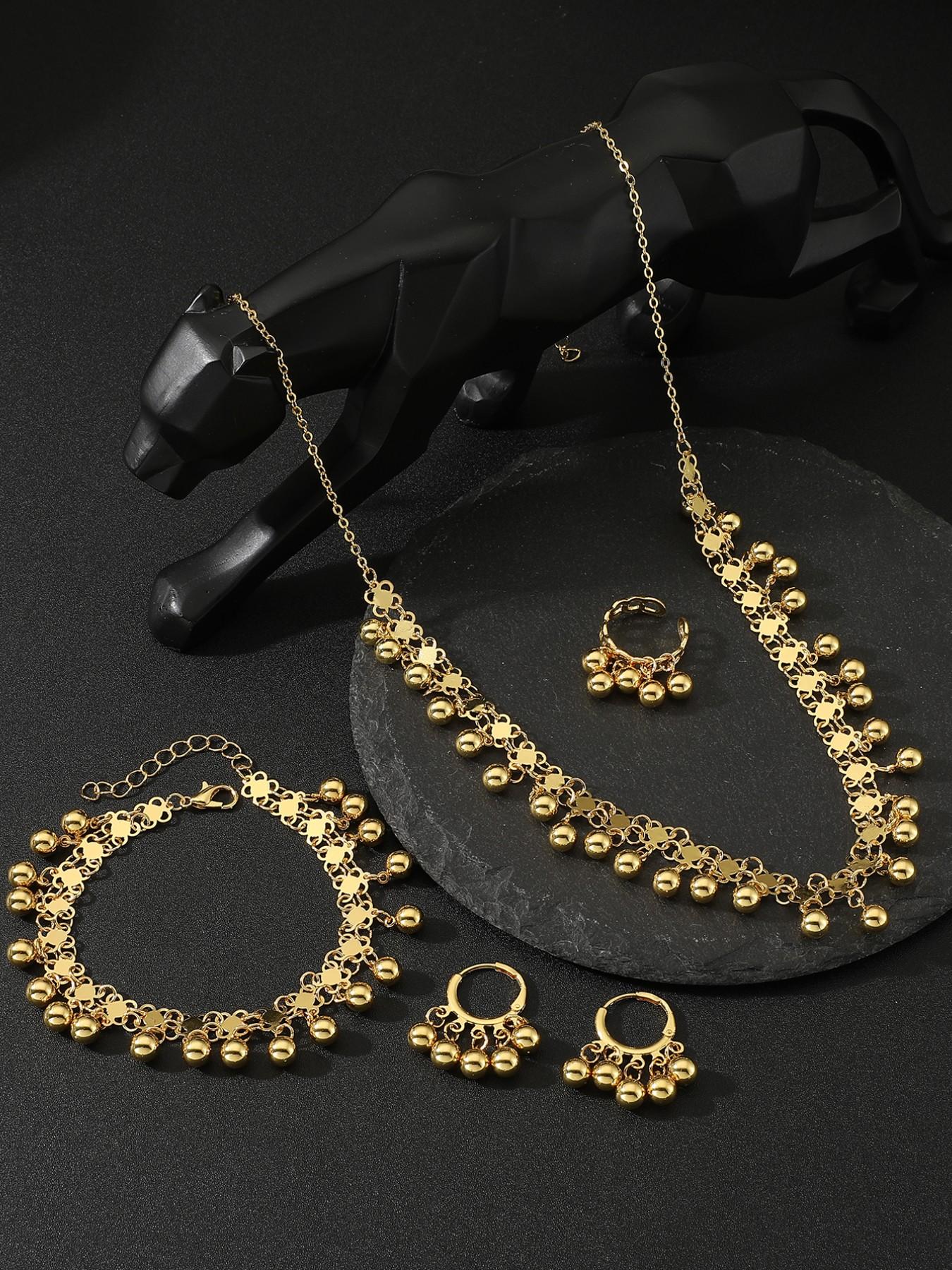 3 Piece Vintage Gold Bead Bell Necklace Set, Women's Unique Long Sweater Chain, Bridal Party Jewelry Gift, Casual Style