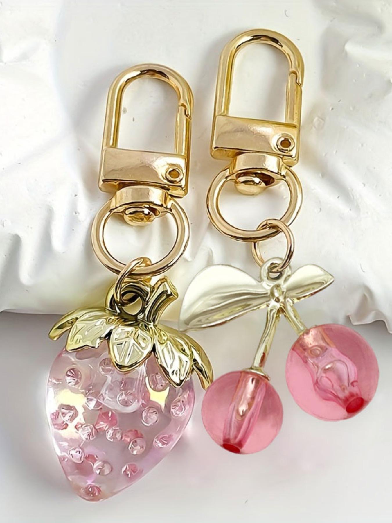Two piece simulation Resin Fruit Keychain, Cute Pink Red Strawberry Cherry Keychain Bag Charm Purse Handbag Backpack Pendant Accessories, Strawberry Cherry Pendant Charms Wallet Decoration Keychain, perfect gift for Christmas Valentine'S Day