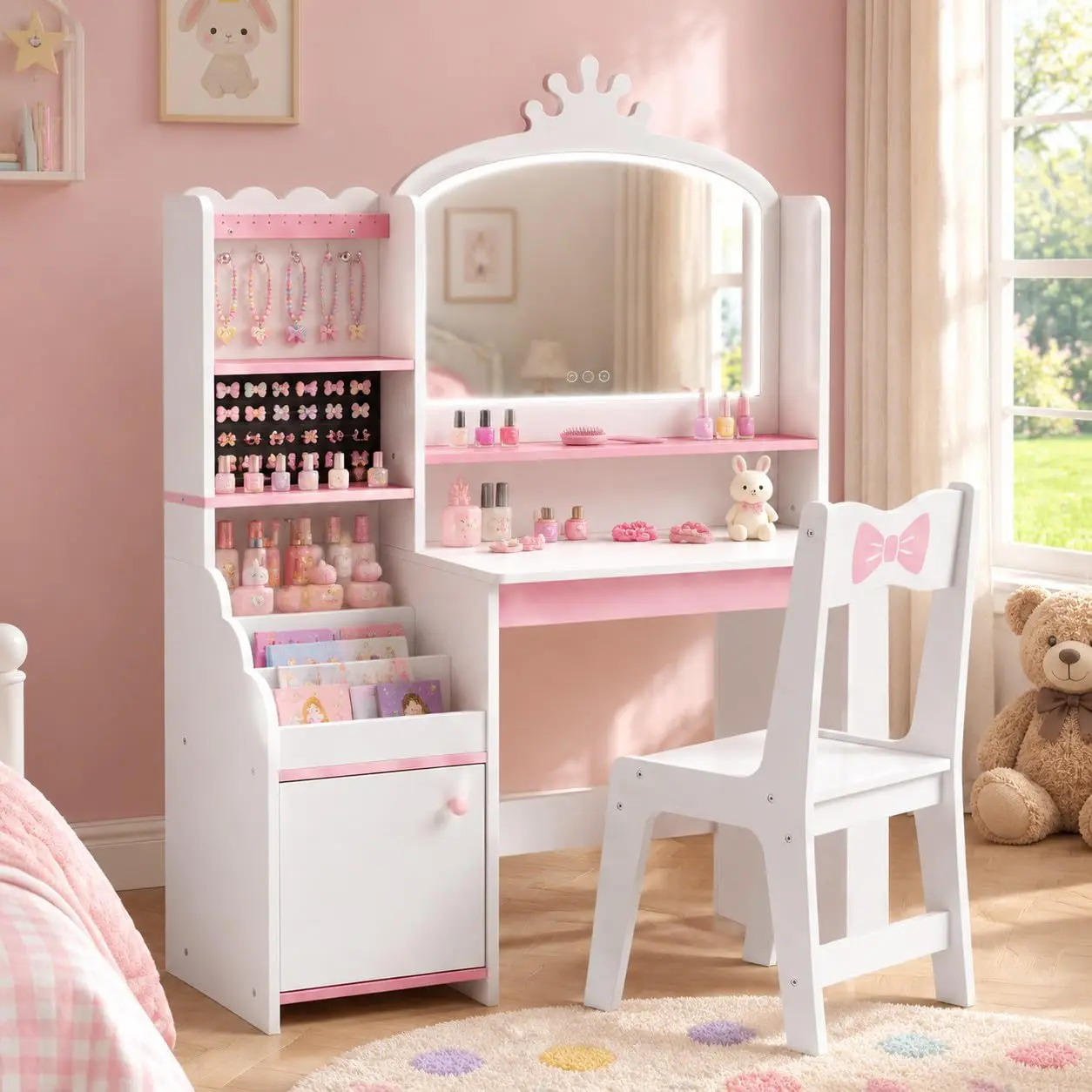 Garvee Princess Vanity Table and Chair Set with LED Mirror for Ages 3-10, Available in White and Pink, Designed for Imaginative Play and Stylish Decor