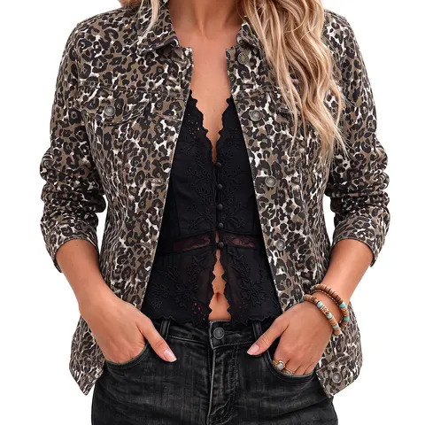 luvamia Women's Leopard Cheetah Print Stretch Button-Down Denim Jacket - Long Sleeve, Fitted, Soft, Trendy, Retro 90s, Western, Fall Coat, Tops, Everyday, Comfortable, Basic, Pockets