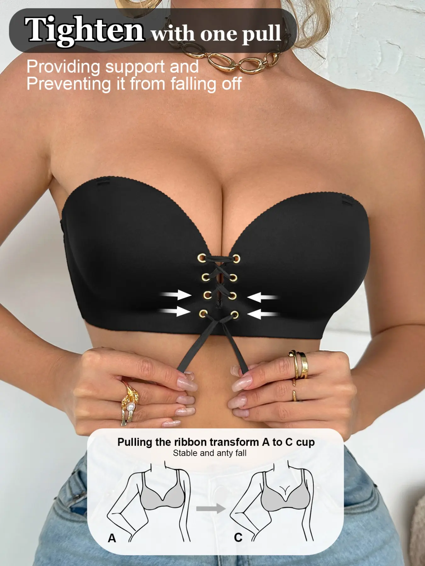 1/2/3PCS Women’s Wireless Drawstring Push-Up Strapless Bra, Adjustable Detachable Straps, 2-Way Design, Backless,Smooth Seamless, Lace,Non-Slip, Versatile Everyday Bra