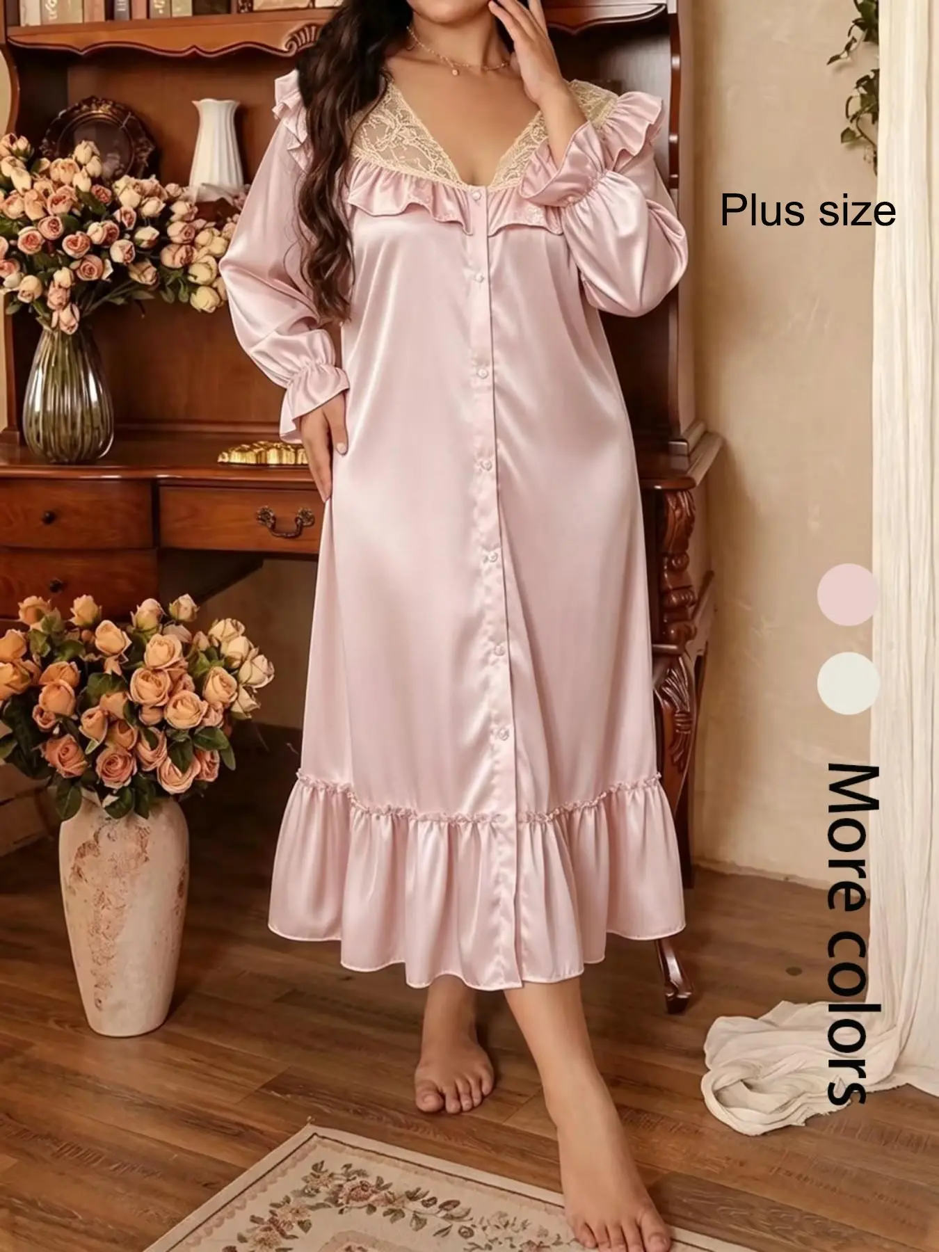 Elegant Women Satin Maxi Nightgown Spring Fall Long Sleeve Lace Ruffle V Neck Button Down Loose Sleep Dress Loungewear