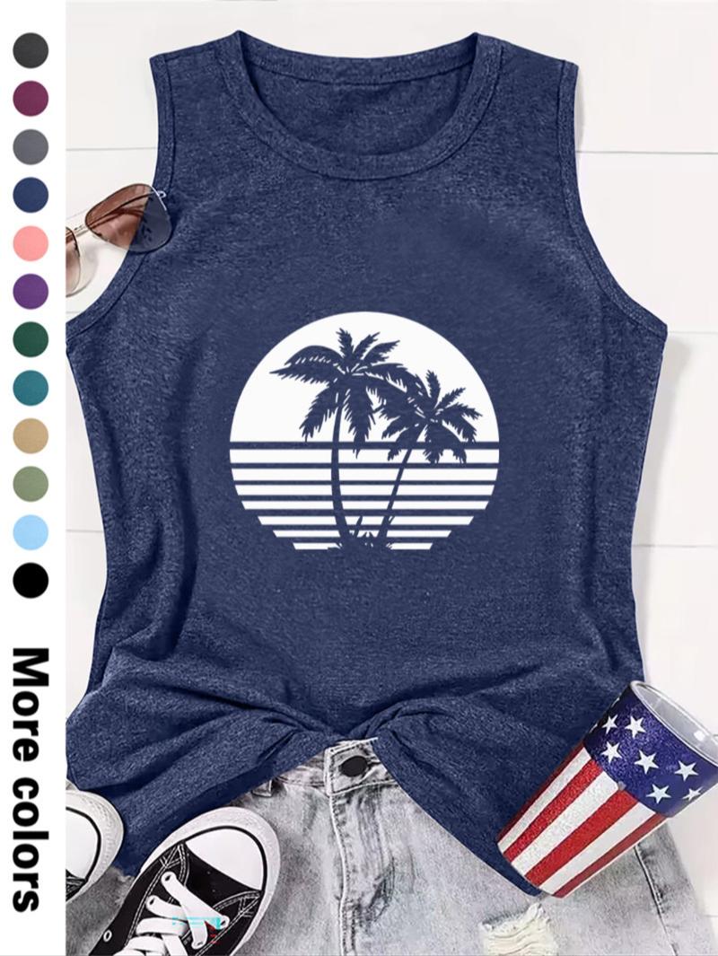 Women's Coconut Tree Print Round Neck Tank Top, Lounge Tank Top, Graphic Top, Casual Sleeveless Top for Beach Vacation Holiday, Ladies Clothes for All Seasons